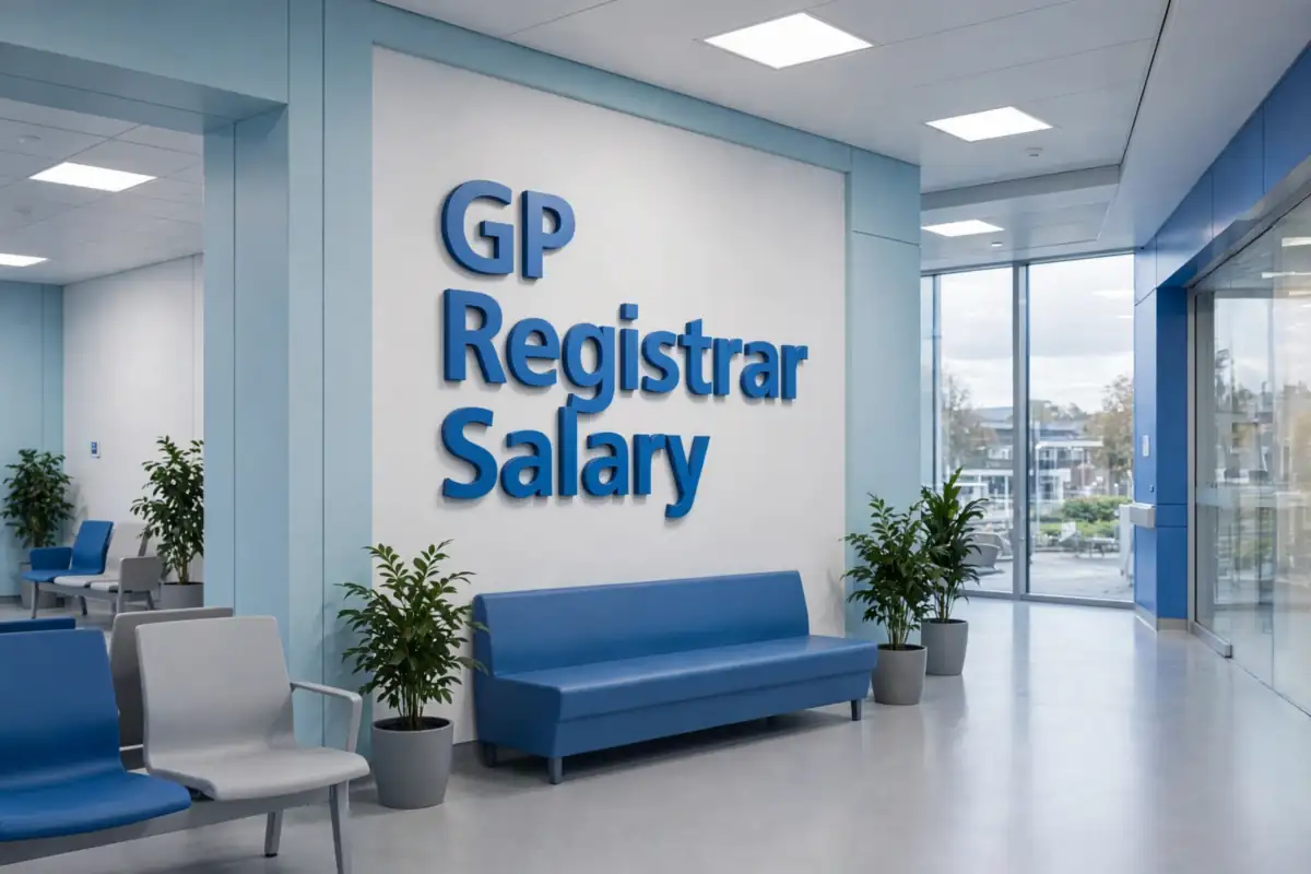 GP registrar salary 2026/27: a modern UK hospital setting with 3D wall signage