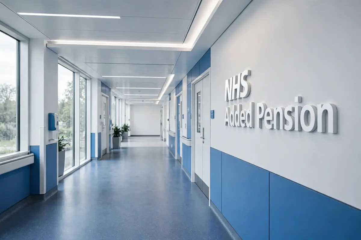 Modern UK hospital corridor with 3D wall signage reading NHS Added Pension
