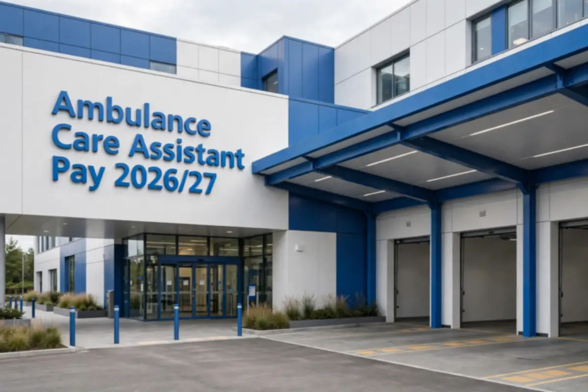 Ambulance care assistant pay 2026/27: a modern UK hospital ambulance bay with 3D wall signage