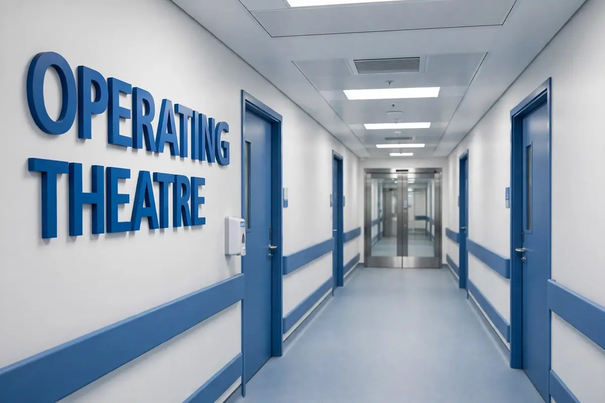 NHS anaesthetic associate salary 2026/27: a modern UK hospital operating theatre corridor with 3D wall signage