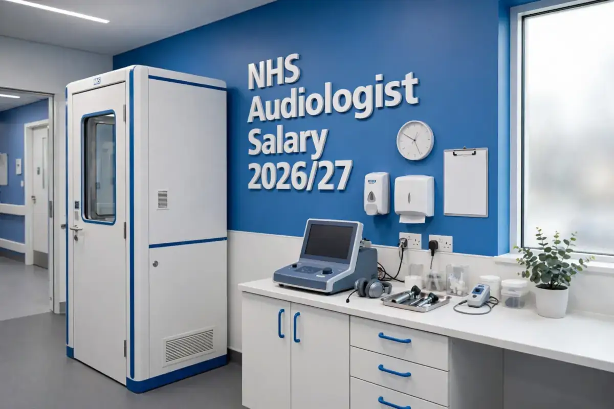 NHS audiologist salary 2026/27: a modern UK hospital audiology clinic with 3D wall signage