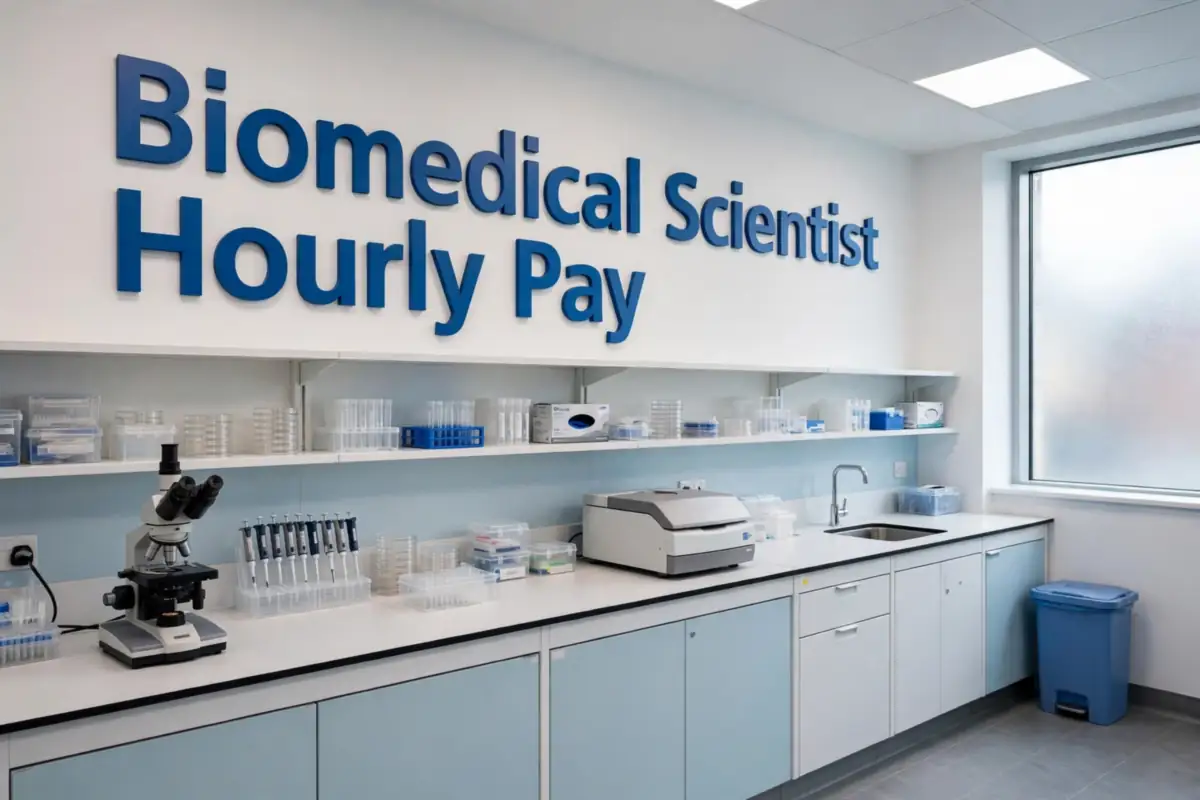 NHS biomedical scientist hourly pay 2026/27: a modern UK hospital pathology laboratory with 3D wall signage