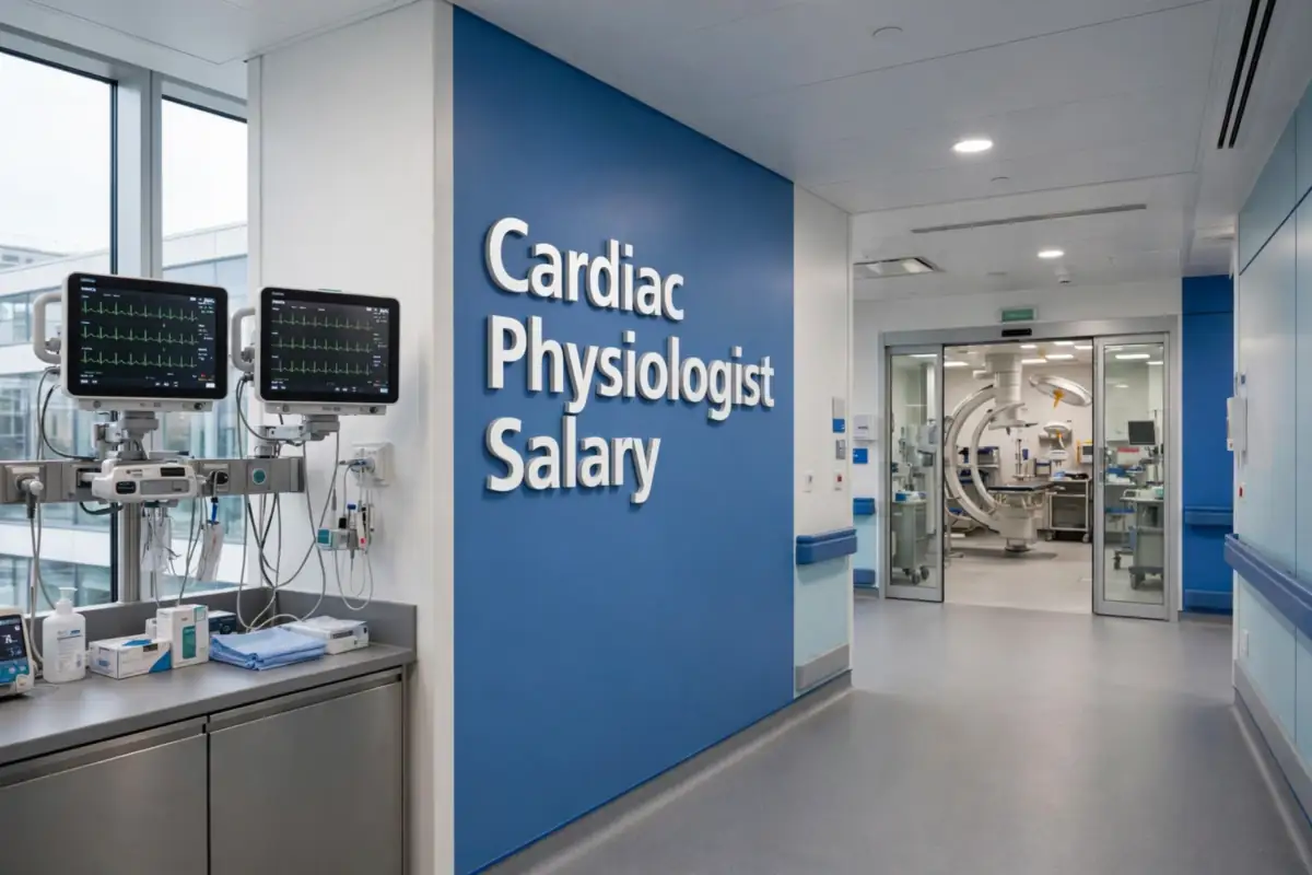 NHS cardiac physiologist salary 2026/27: a modern UK hospital cardiology department with 3D wall signage