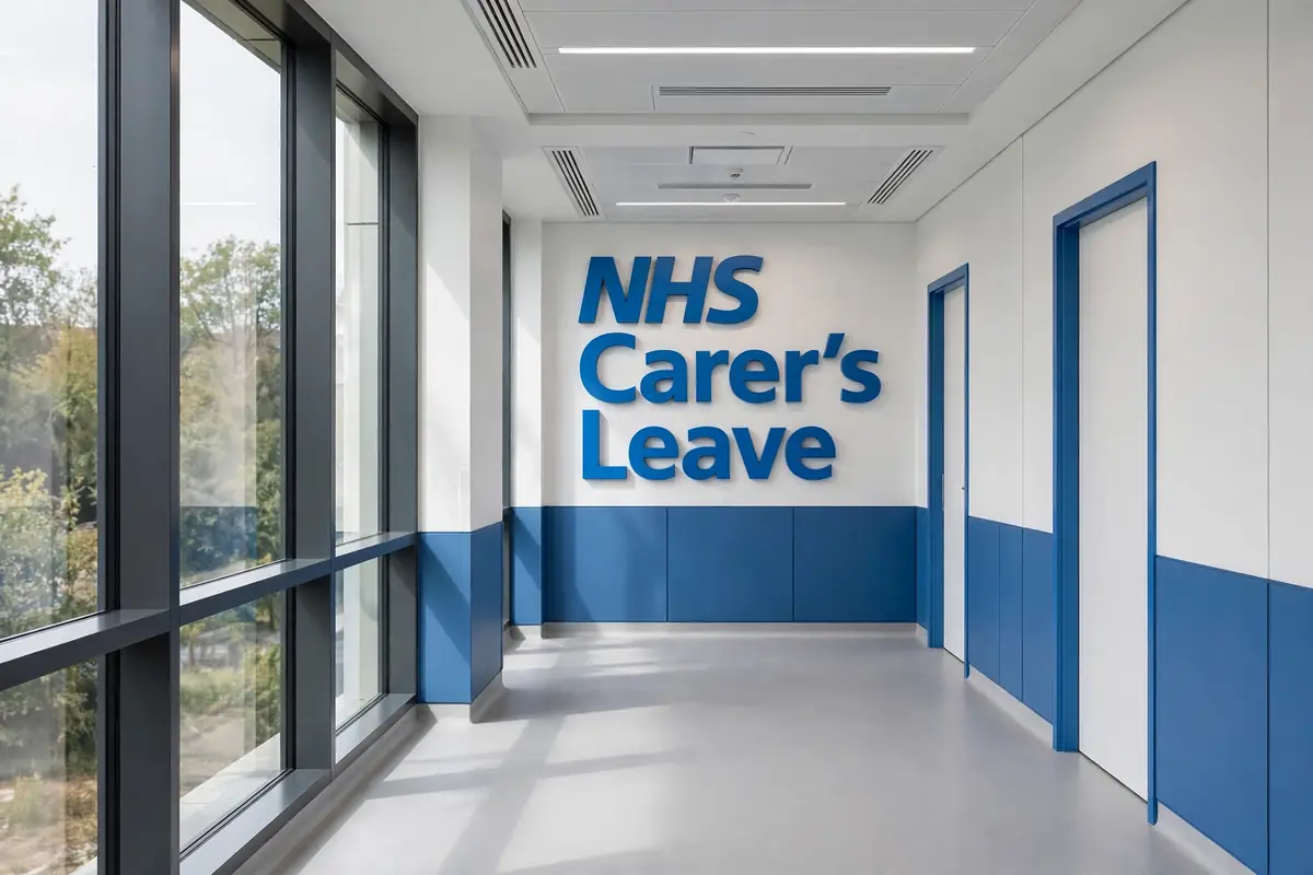 NHS Carer's Leave: the statutory right to one week of unpaid leave a year for NHS staff, set in a modern hospital corridor