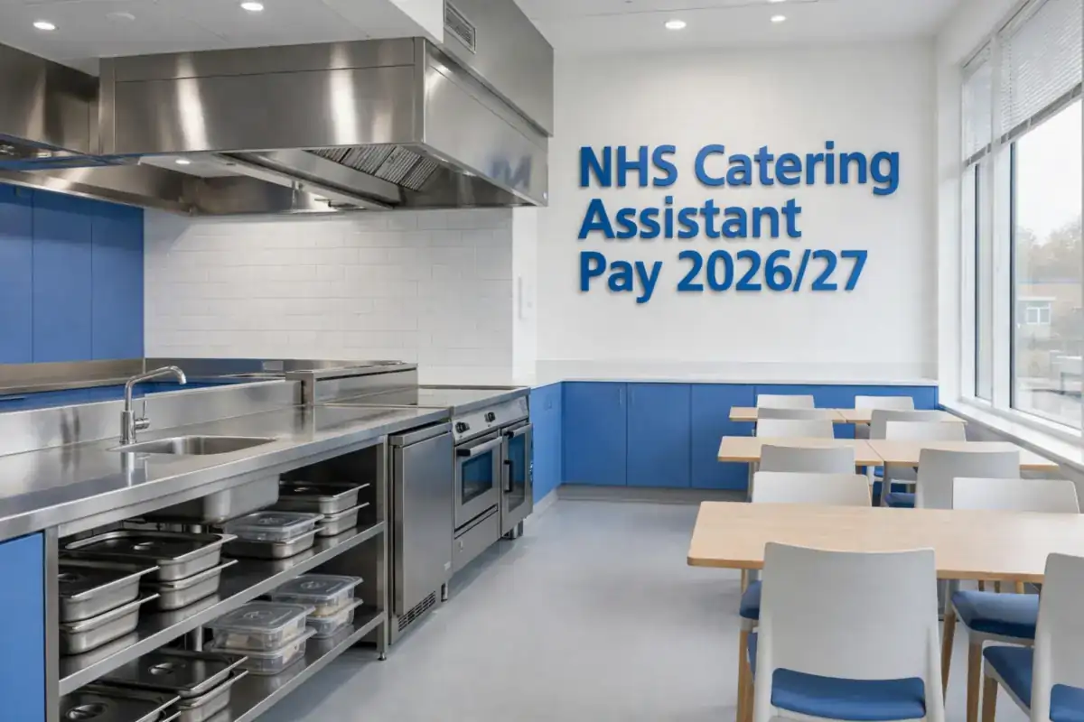 NHS catering assistant pay 2026/27: a modern UK hospital catering kitchen with 3D wall signage