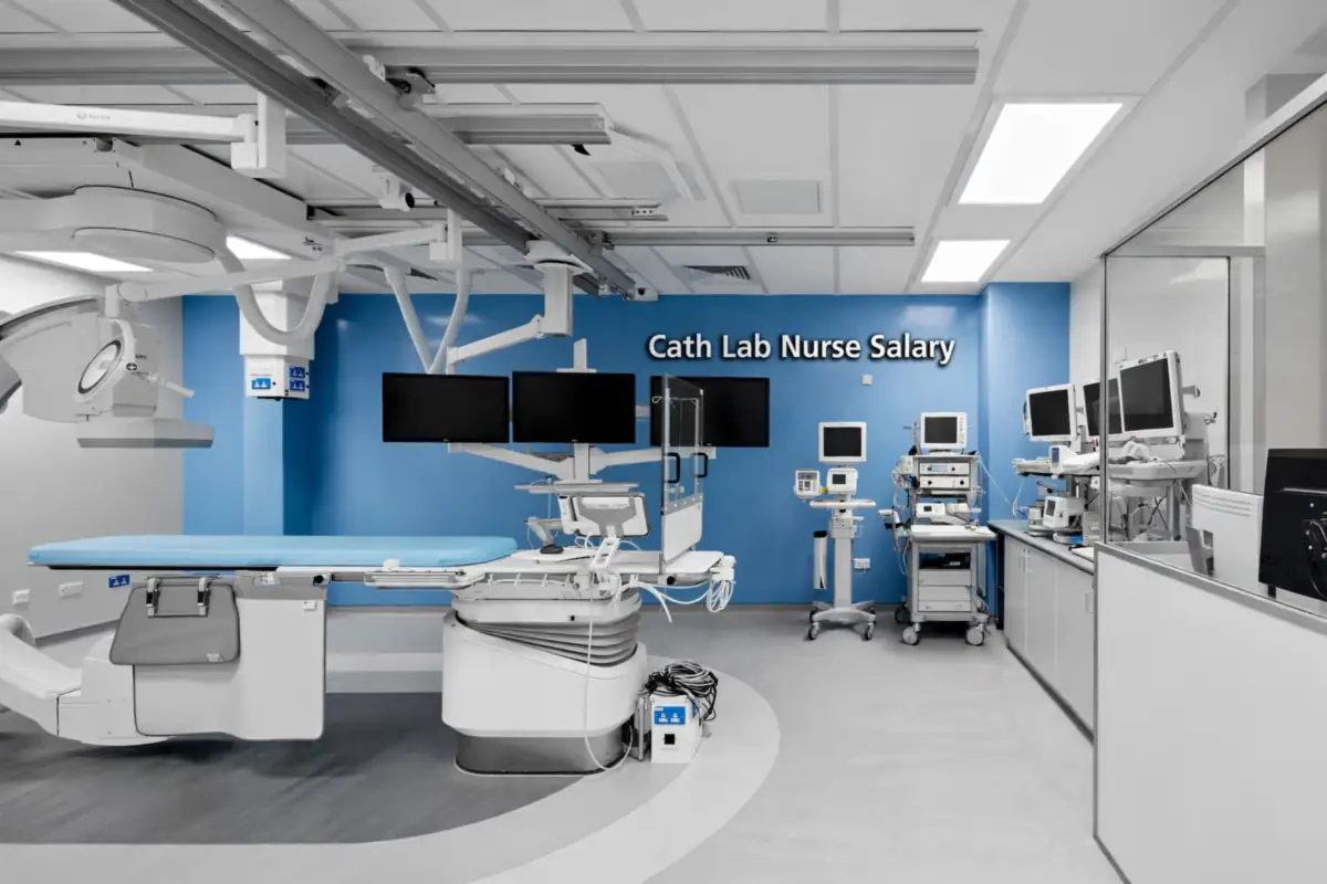 Cath lab nurse salary 2026/27: a modern UK hospital cardiac catheterisation laboratory with 3D wall signage