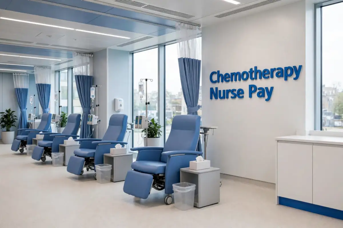 Chemotherapy nurse pay 2026/27: a modern UK hospital chemotherapy day unit with 3D wall signage