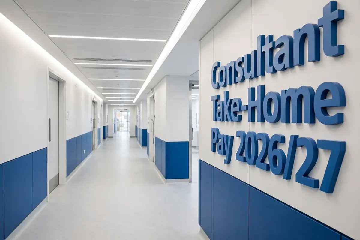Consultant take-home pay 2026/27: a modern UK hospital corridor with 3D wall signage