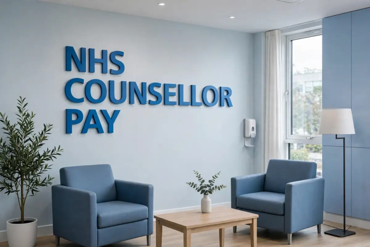 NHS counsellor salary 2026/27: a modern UK hospital counselling room with 3D wall signage