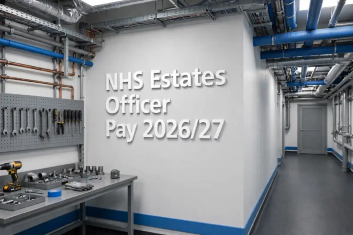 NHS estates officer pay 2026/27: a modern UK hospital plant room and workshop corridor with 3D wall signage