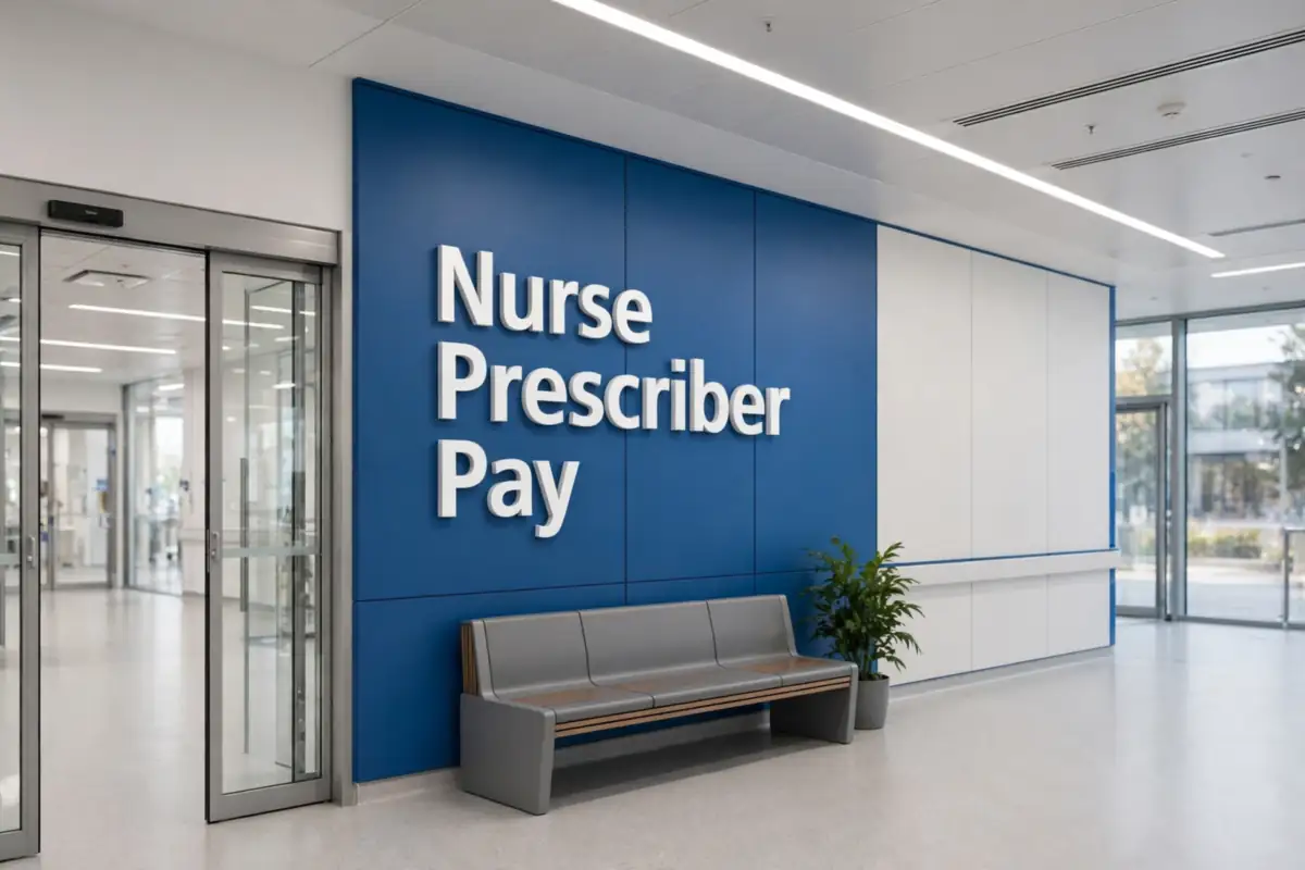 Nurse prescriber pay 2026/27: a modern UK hospital setting with 3D wall signage