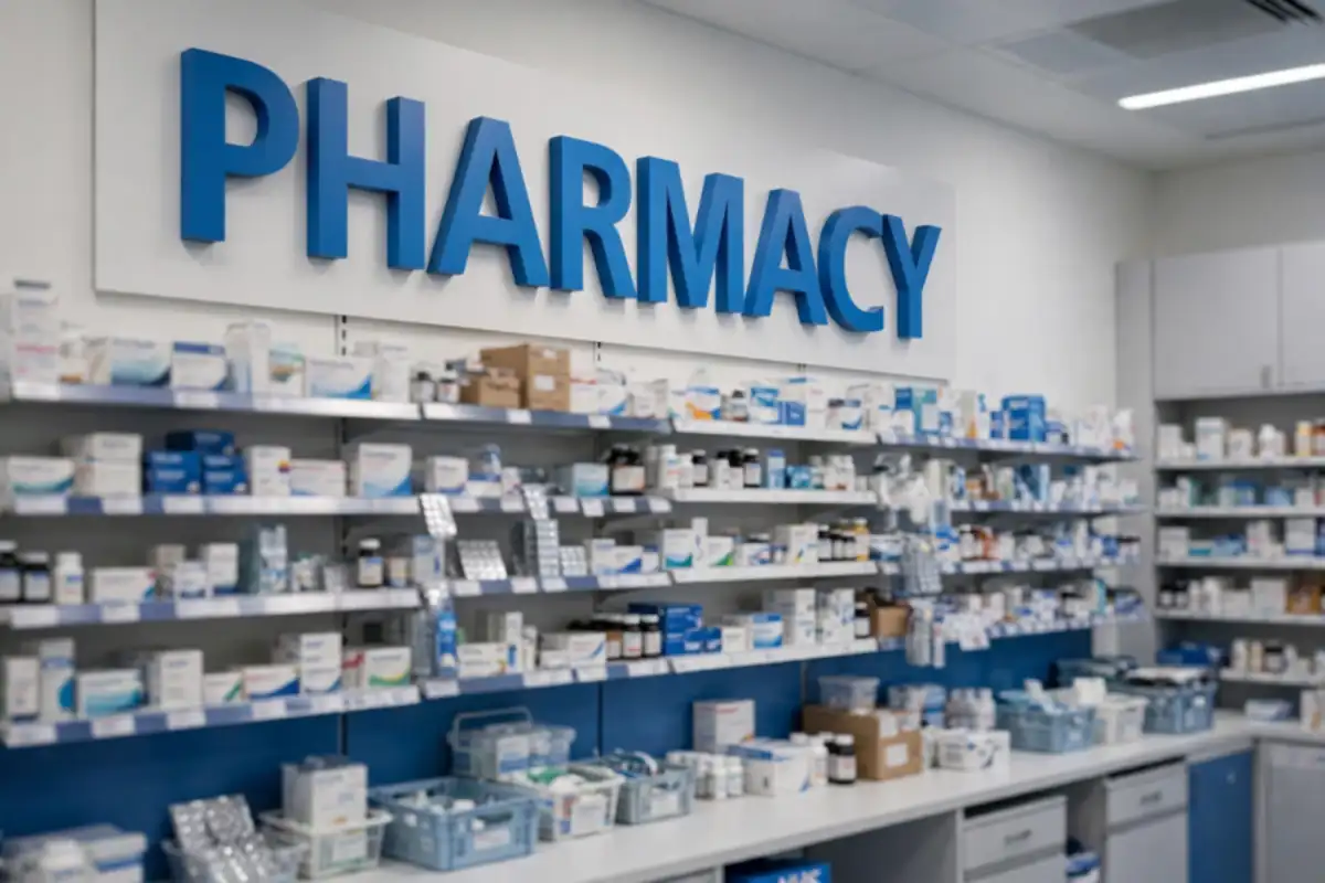 Pharmacist take-home pay 2026/27: a modern UK hospital pharmacy with 3D wall signage