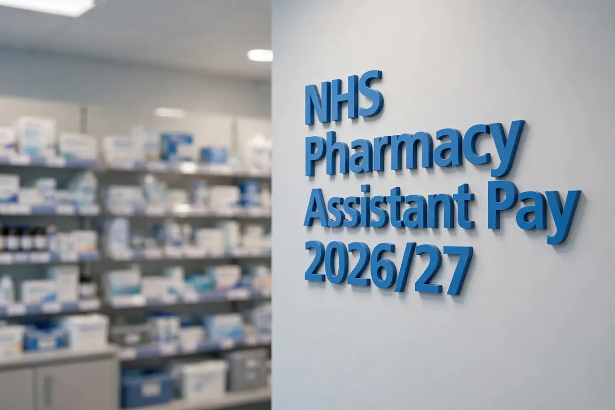 NHS pharmacy assistant pay 2026/27: a modern UK hospital pharmacy with medicine shelves and 3D wall signage