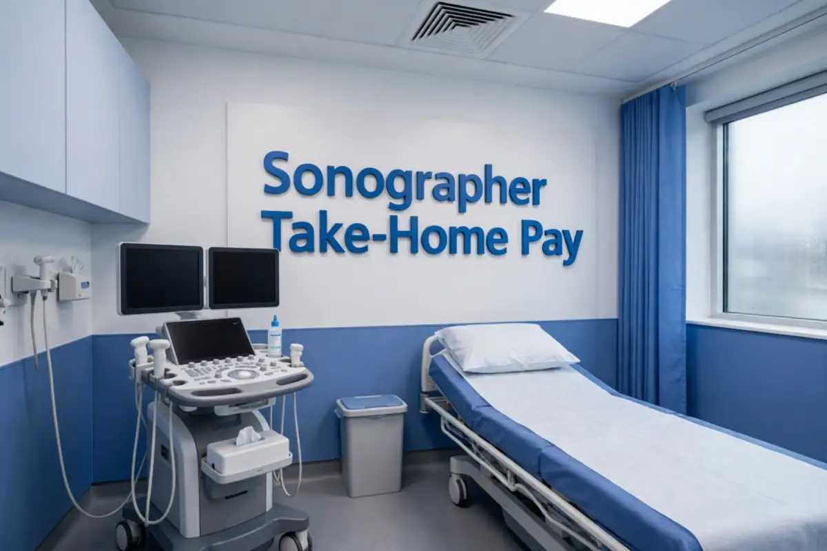 Sonographer take-home pay 2026/27: a modern UK hospital ultrasound imaging suite with 3D wall signage