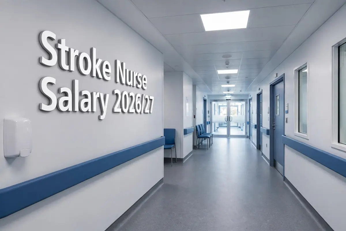 Stroke nurse salary 2026/27: a modern UK hospital stroke unit corridor with 3D wall signage
