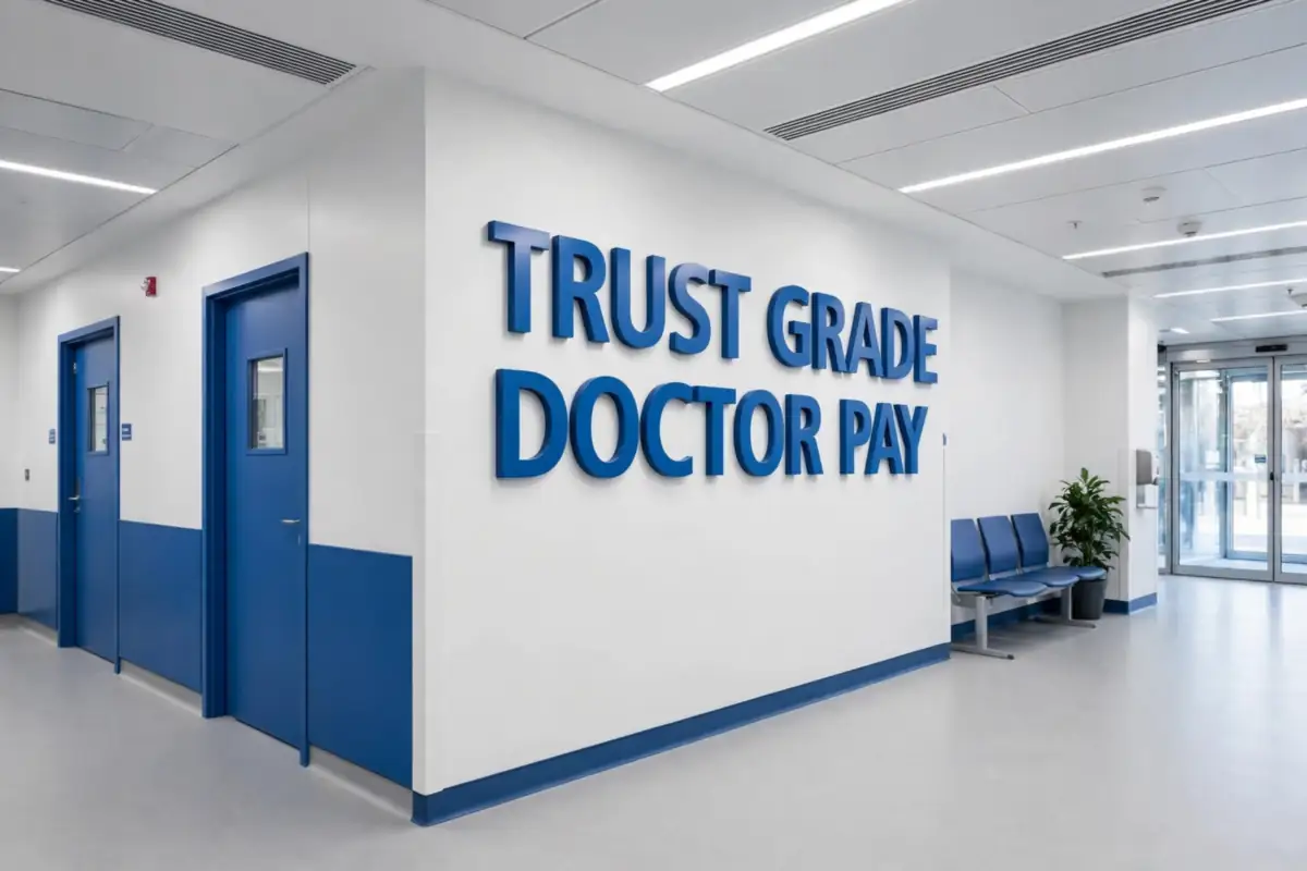 Trust grade doctor pay 2026/27: a modern UK hospital corridor with 3D wall signage