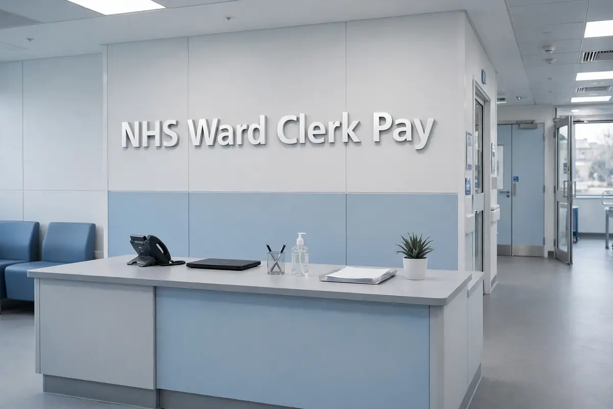 NHS ward clerk pay 2026/27: a modern UK hospital ward reception desk with 3D wall signage